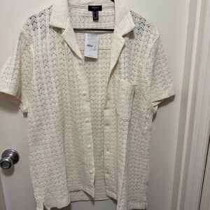 Forever 21 Men's Cream Open-Knit Short Sleeve Button Down. Boho Summer Style.